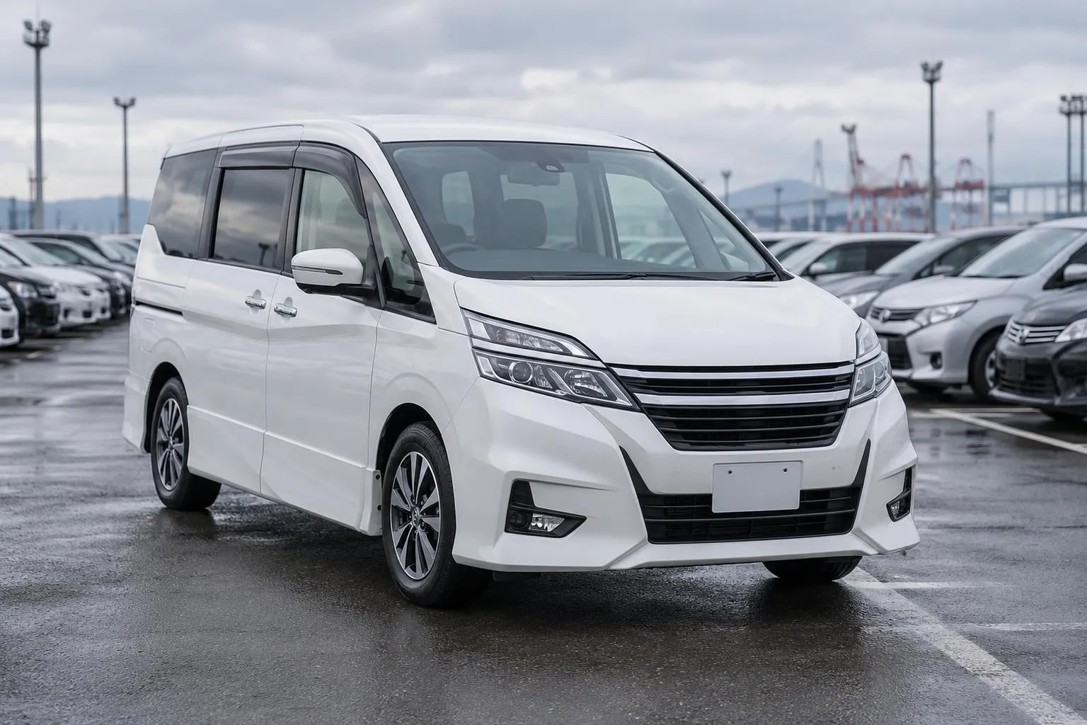 Nissan Serena на парковке японского аукциона среди других автомобилей. Сцена показывает выбор семейного минивэна перед покупкой и отправкой в Россию.