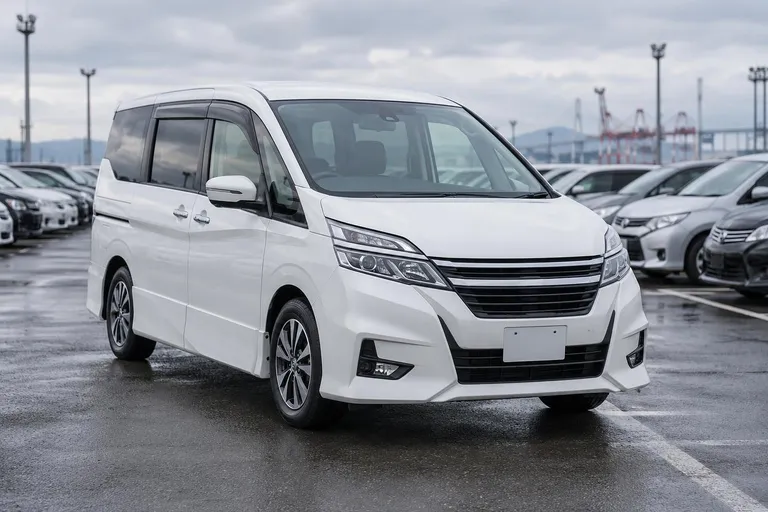 Nissan Serena на парковке японского аукциона среди других автомобилей. Сцена показывает выбор семейного минивэна перед покупкой и отправкой в Россию.