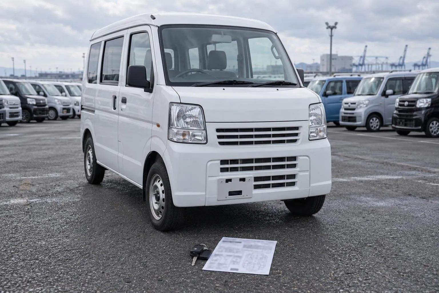 Белый компактный кей-вэн Suzuki Every стоит на площадке японского автоаукциона среди других машин. На переднем плане виден аукционный лист и ключи без читаемого текста.