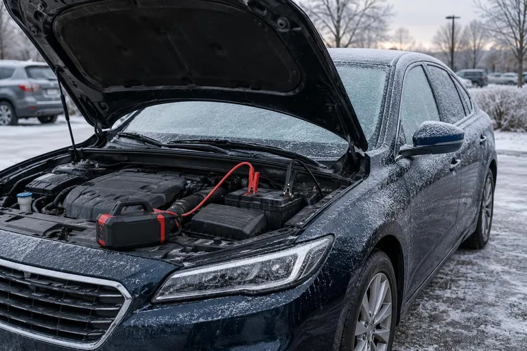 Автомобиль стоит на зимней парковке с открытым капотом, рядом виден аккумулятор и подключённый пусковой бустер. Сцена показывает проблему запуска машины из-за разряженной батареи.