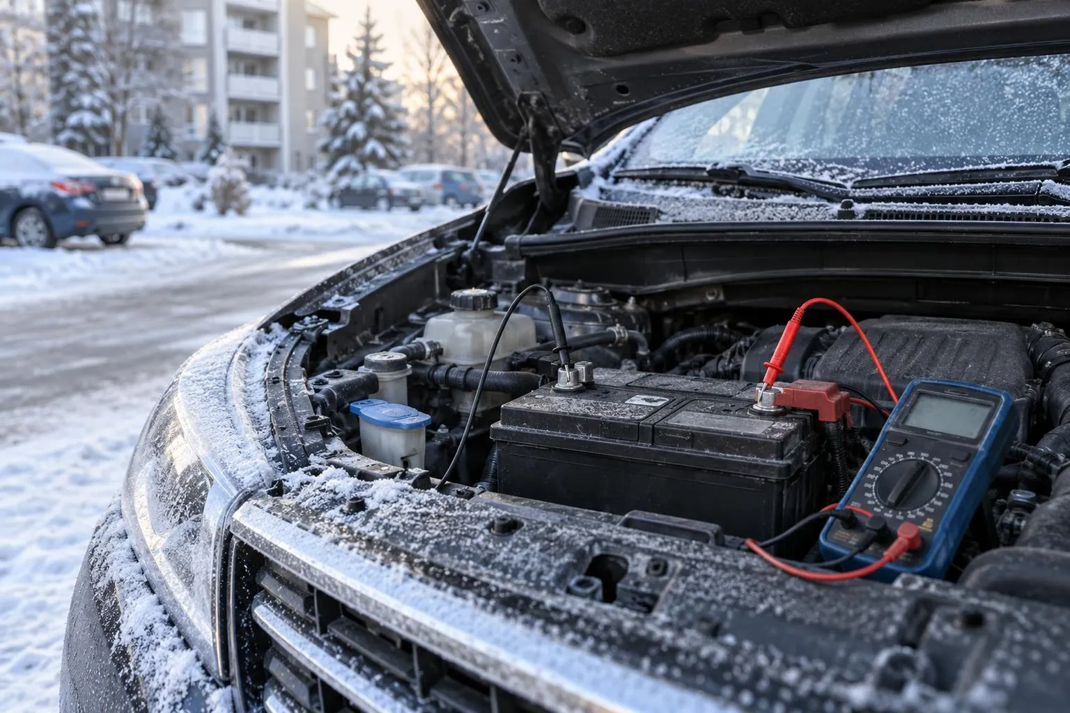 На обложке открыт капот автомобиля, к аккумулятору подключён мультиметр. Сцена показывает проверку заряда батареи перед запуском.