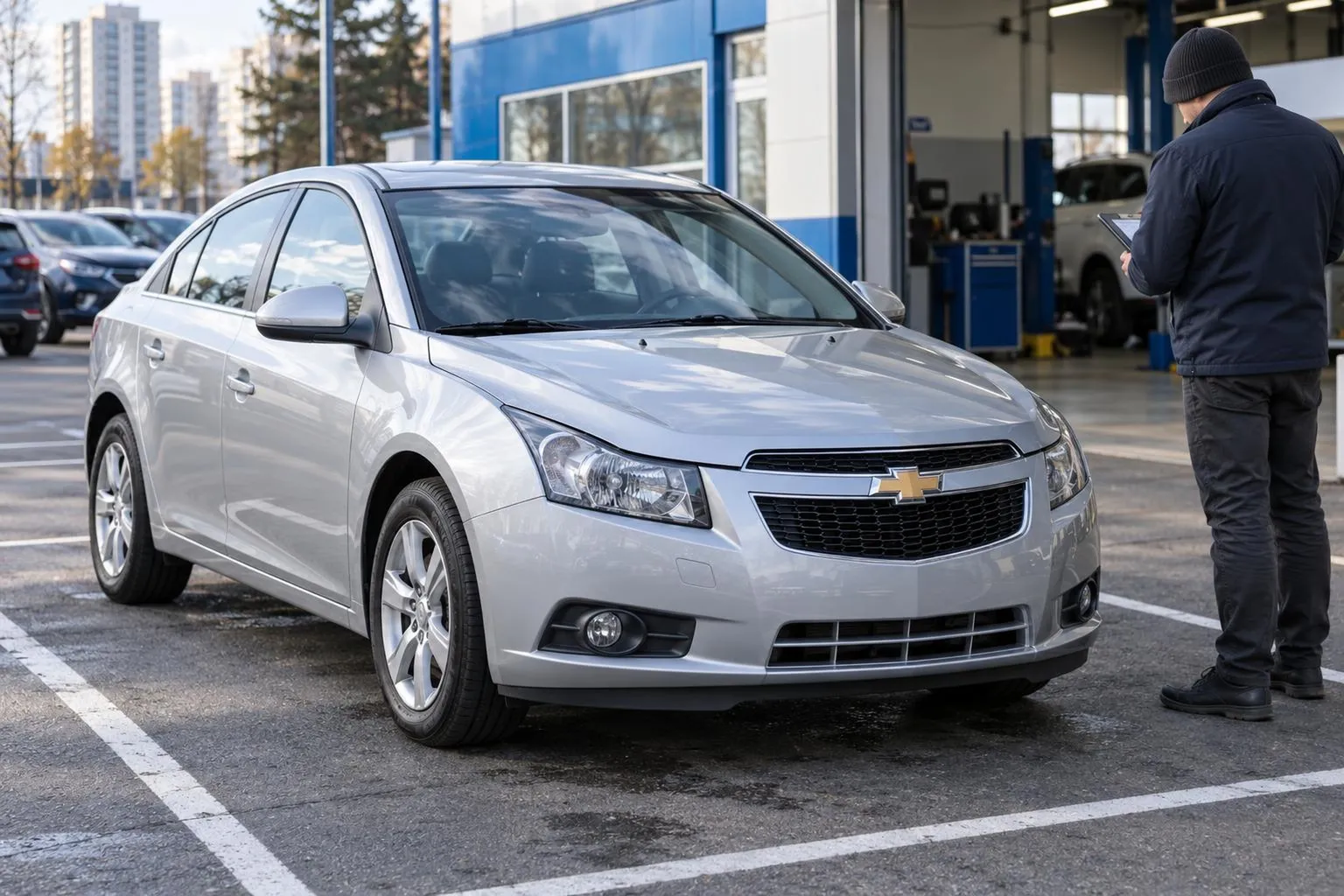 Chevrolet Cruze на городской парковке, рядом видны автомобили и современная улица. Сцена передаёт выбор подержанного автомобиля перед покупкой и ввозом под ключ.