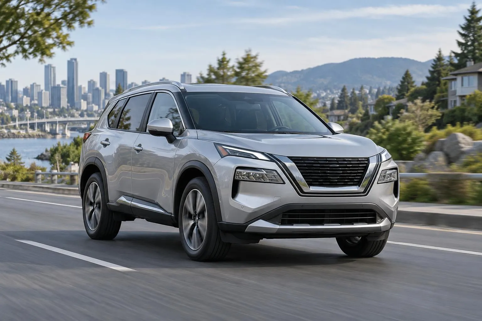 На обложке современный Nissan X-Trail на городской дороге, снятый в движении с переднего ракурса. Сцена подчёркивает выбор семейного кроссовера для города и поездок за город.