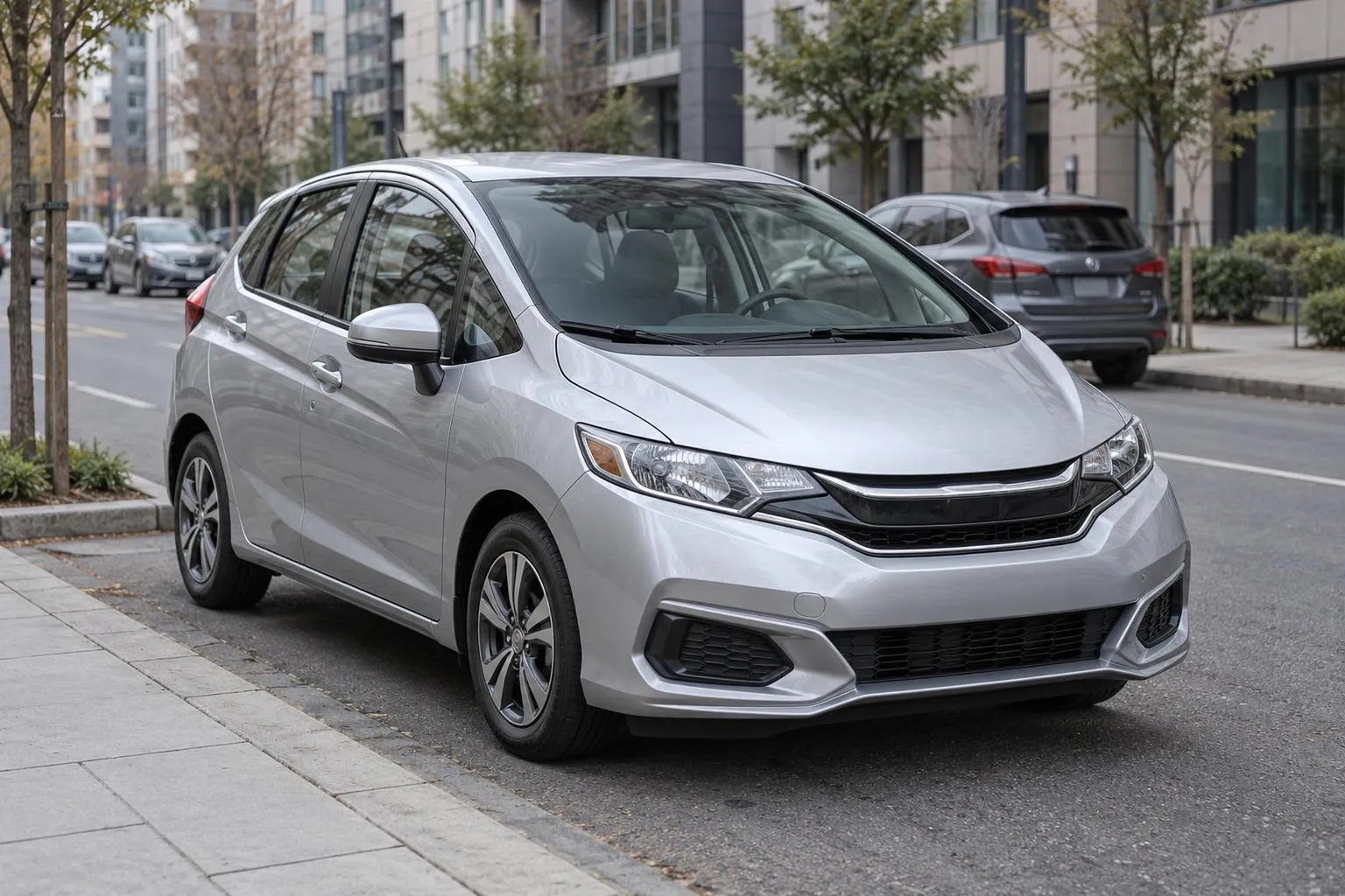 Honda FIT на городской улице у обочины, компактный хэтчбек показан спереди под углом. Сцена подчёркивает практичный городской характер модели.
