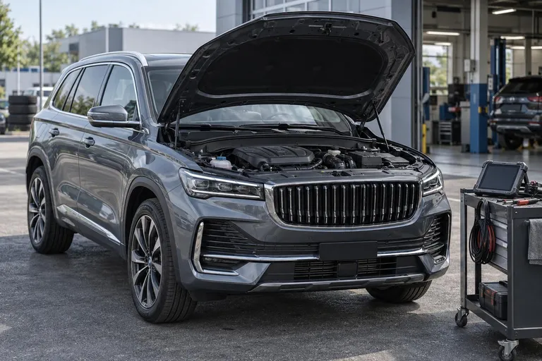 Geely Xingyue L стоит на диагностической площадке перед покупкой. Рядом видны элементы осмотра: открытый капот и проверка состояния автомобиля.
