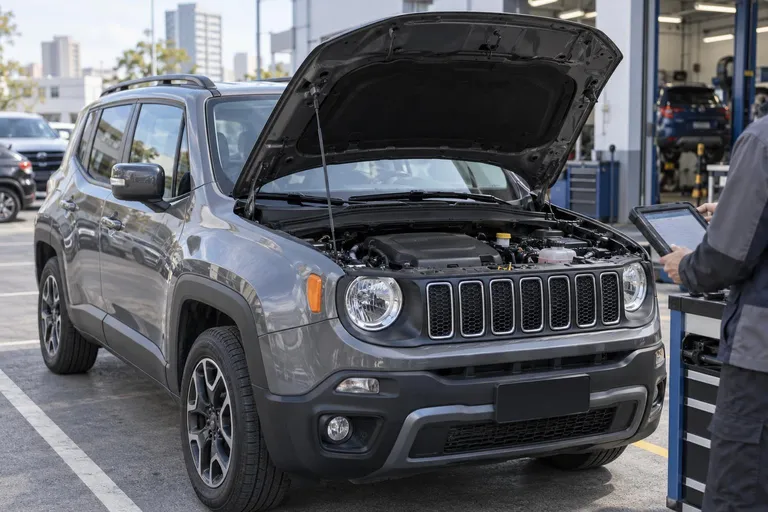 Jeep Renegade стоит на городской парковке перед предпродажным осмотром. Рядом видны открытый капот и диагностическое оборудование без людей в кадре.