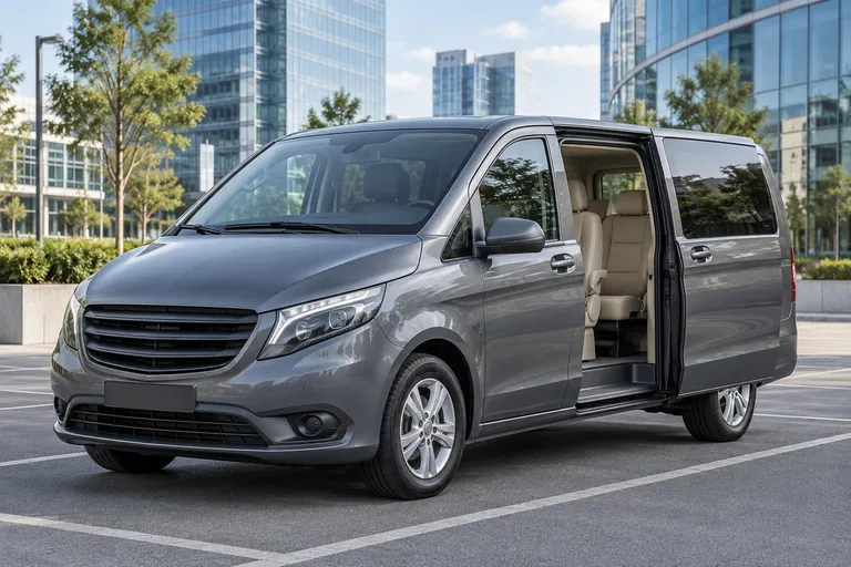Серый Mercedes-Benz Vito стоит на городской парковке, рядом видна открытая боковая дверь и просторный салон. Сцена подчёркивает выбор минивэна для семьи, бизнеса и поездок.
