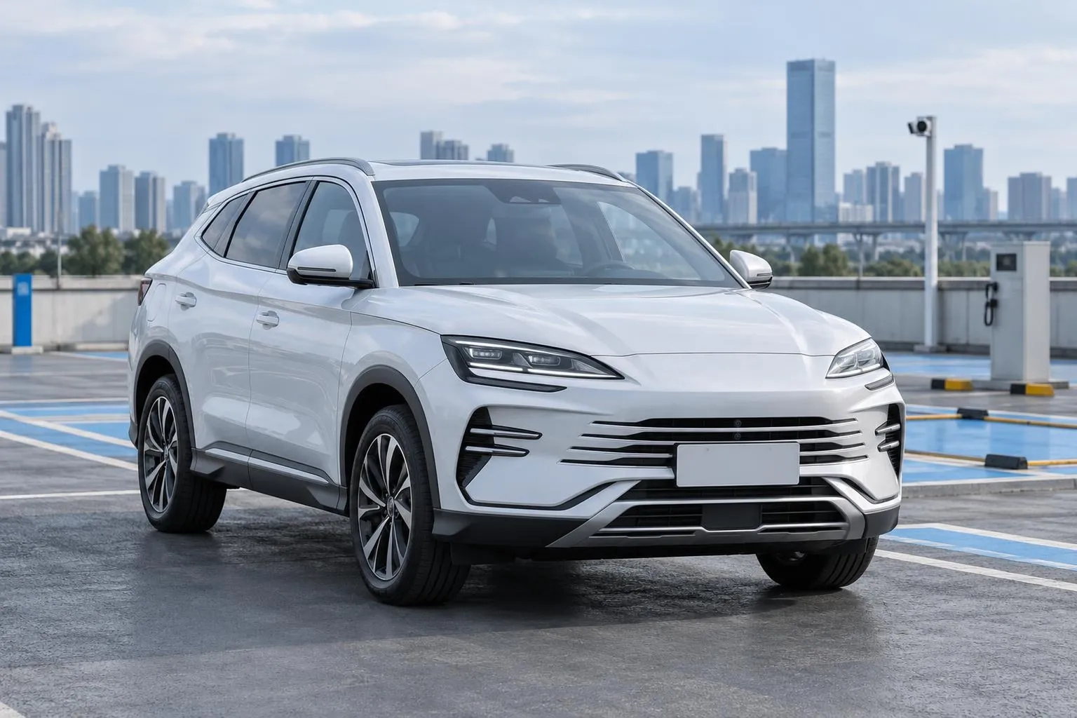 BYD Song Plus стоит на городской парковке перед осмотром перед покупкой. На переднем плане видны кузов, фары и чистое пространство вокруг автомобиля для диагностики.