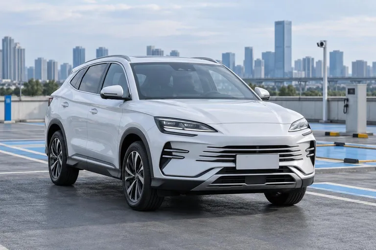 BYD Song Plus стоит на городской парковке перед осмотром перед покупкой. На переднем плане видны кузов, фары и чистое пространство вокруг автомобиля для диагностики.