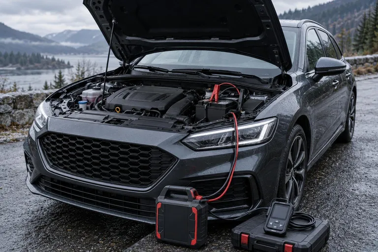 Автомобиль стоит на парковке с открытым капотом, рядом виден моторный отсек и прибор для диагностики. Сцена передаёт ситуацию, когда двигатель крутит стартером, но не запускается.