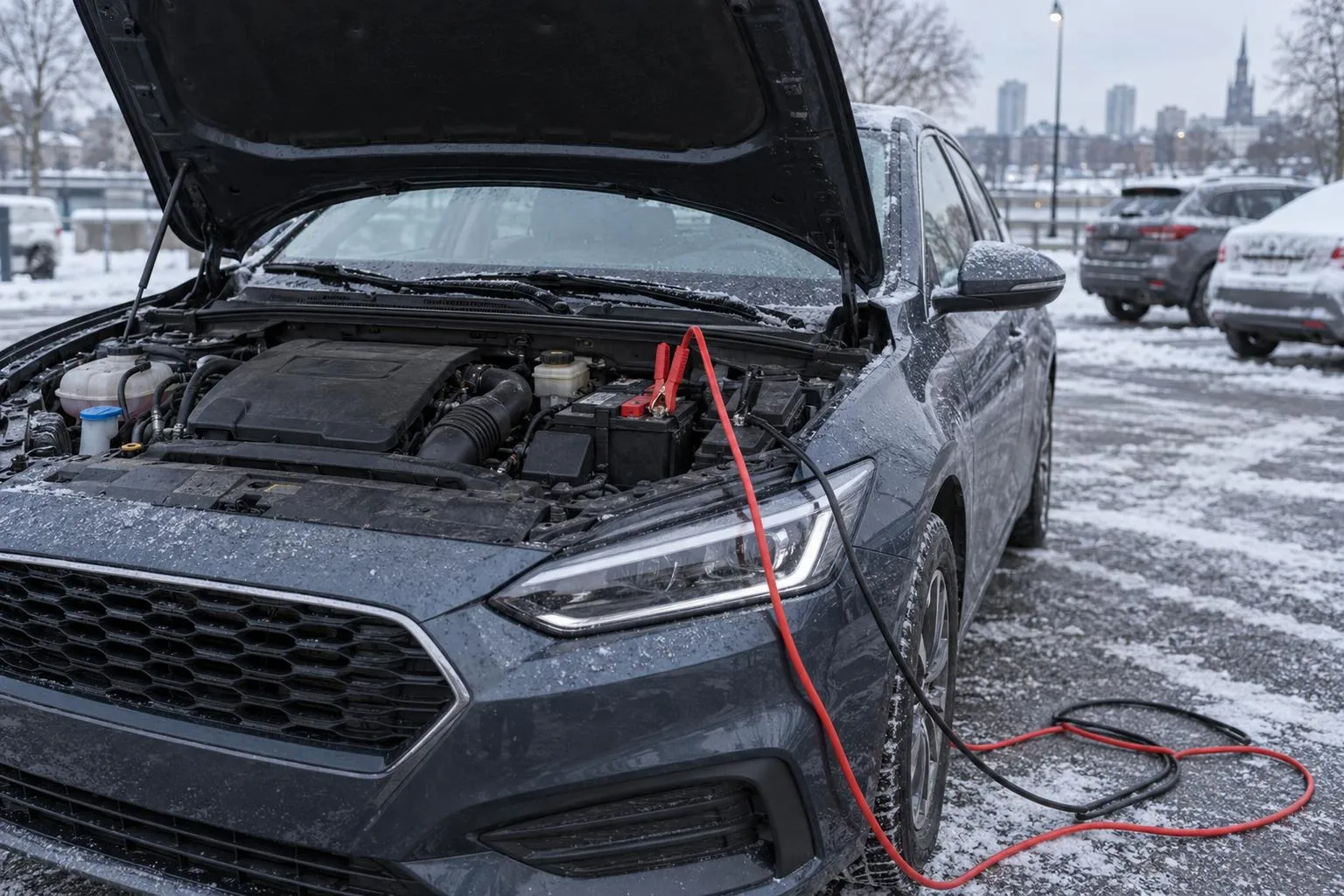Автомобиль стоит на парковке с открытым капотом, рядом видны аккумулятор и пусковые провода. Сцена передаёт ситуацию, когда машина не заводится и водитель ищет причину.