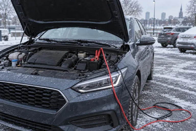 Автомобиль стоит на парковке с открытым капотом, рядом видны аккумулятор и пусковые провода. Сцена передаёт ситуацию, когда машина не заводится и водитель ищет причину.