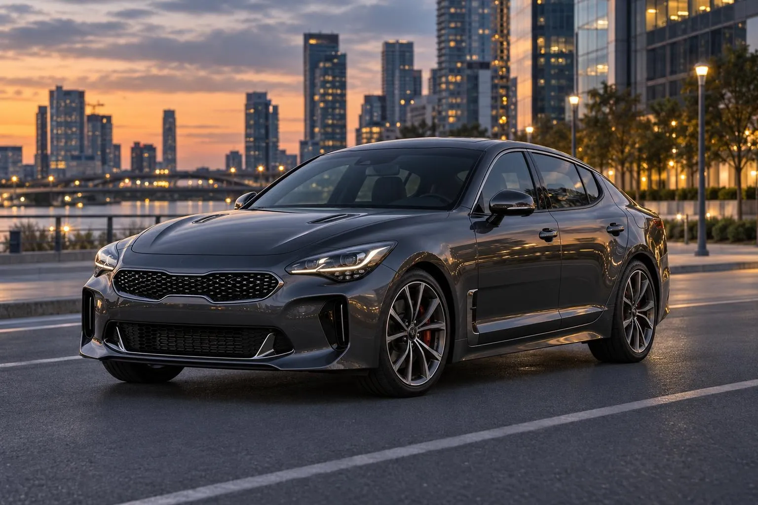 Kia Stinger на городской дороге в вечернем свете. Кадр подчёркивает спортивный силуэт лифтбека и тему выбора автомобиля под привоз из Южной Кореи.