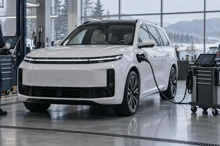 Белый электрический SUV стоит в зоне предпродажного осмотра, рядом виден зарядный кабель и диагностическое оборудование. Сцена подчёркивает выбор и проверку NIO ES8 перед покупкой из Китая.