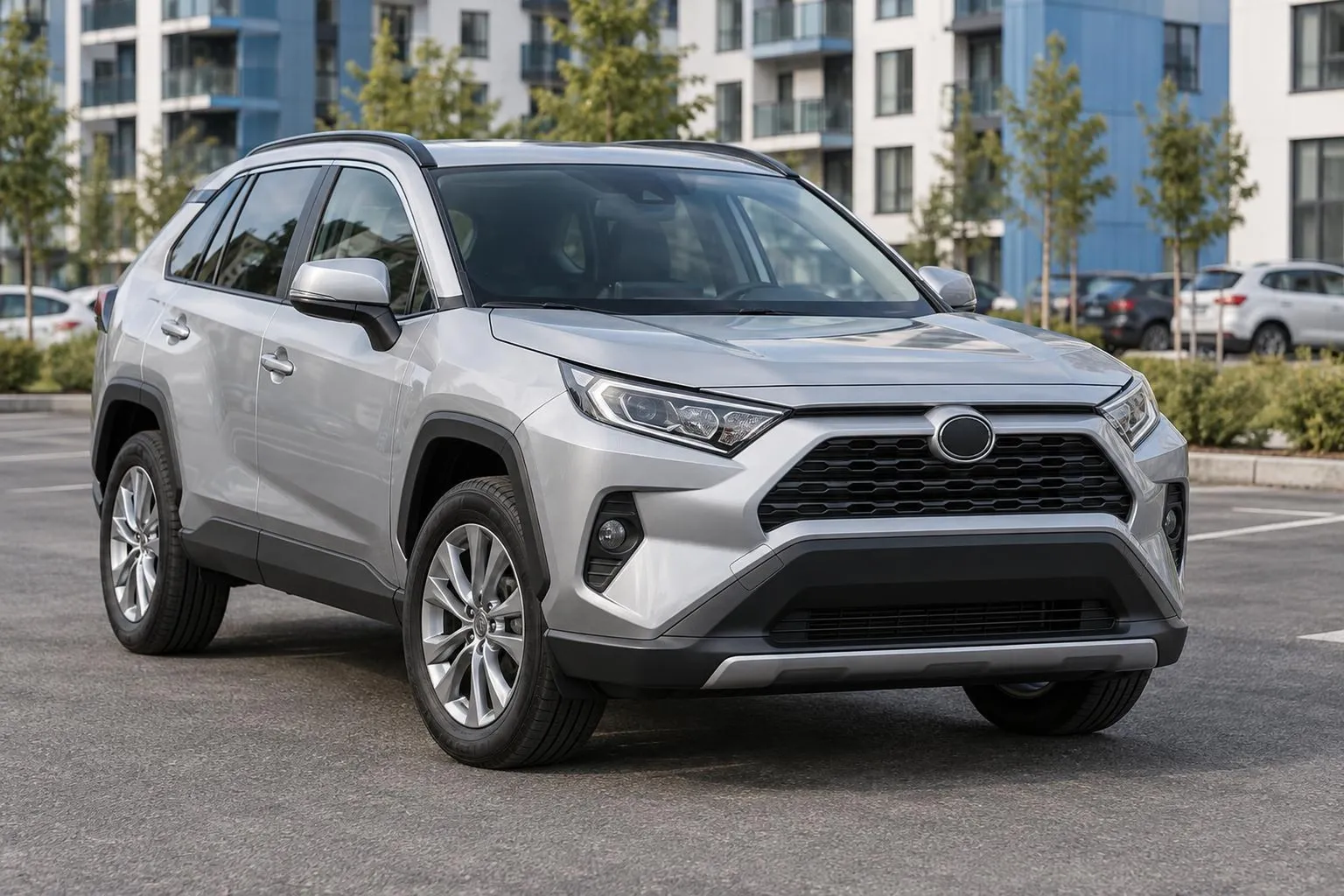 Современный кроссовер Toyota RAV4 стоит на городской парковке перед дальней поездкой. Кадр подчёркивает выбор комплектации и покупку автомобиля под заказ.