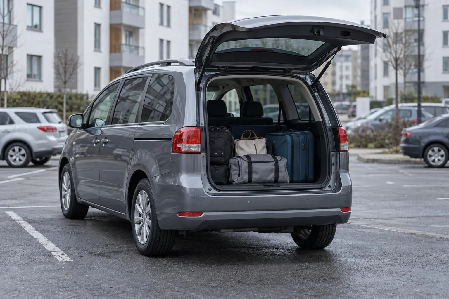 Семейный Chevrolet Orlando без видимых логотипов стоит на городской парковке перед поездкой. Рядом видна открытая багажная зона, подчёркивающая практичный формат автомобиля.