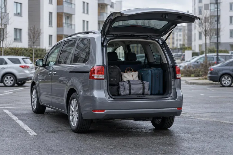 Семейный Chevrolet Orlando без видимых логотипов стоит на городской парковке перед поездкой. Рядом видна открытая багажная зона, подчёркивающая практичный формат автомобиля.