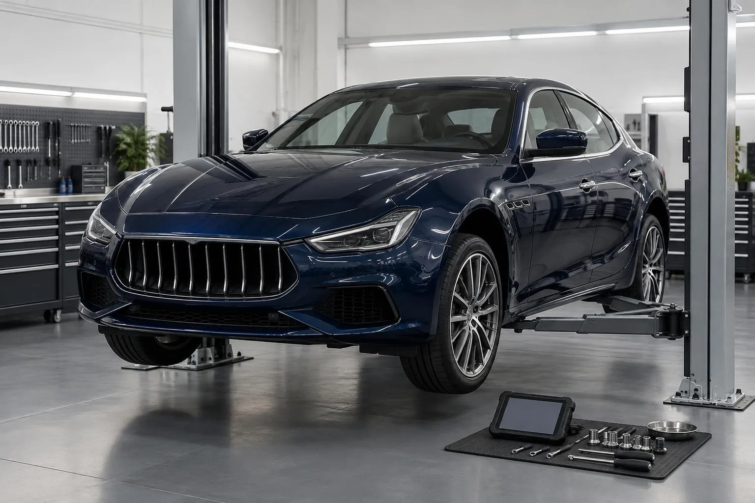 Maserati Ghibli на диагностической зоне перед покупкой: автомобиль стоит на подъёмнике, рядом видны инструменты и сканер. Сцена передаёт проверку состояния премиального седана перед ввозом.