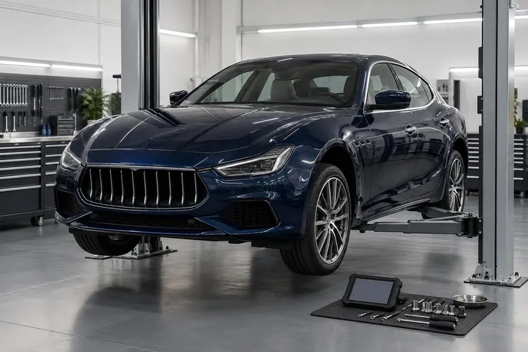 Maserati Ghibli на диагностической зоне перед покупкой: автомобиль стоит на подъёмнике, рядом видны инструменты и сканер. Сцена передаёт проверку состояния премиального седана перед ввозом.