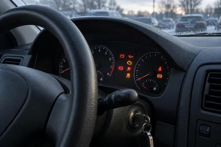 Автомобиль стоит на парковке, на приборной панели горят индикаторы, а рука водителя поворачивает ключ в замке зажигания. Сцена передаёт ситуацию, когда машина не запускается и требуется диагностика.
