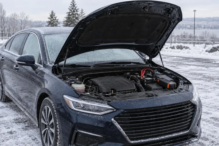 Автомобиль стоит на зимней парковке с открытым капотом, рядом виден разряженный аккумулятор и пусковое устройство. Сцена показывает типичную ситуацию, когда двигатель не заводится утром.