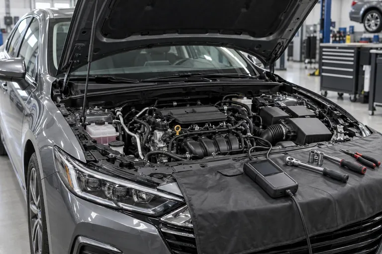 Автомобиль стоит в сервисной зоне с открытым капотом, рядом виден диагностический сканер. Сцена передаёт проверку двигателя при неровной работе на холостом ходу.