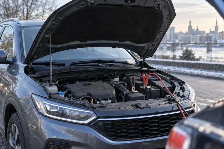 Автомобиль стоит на парковке с открытым капотом, рядом видны аккумулятор и пусковые провода. Сцена показывает типичную диагностику машины, которая не заводится.