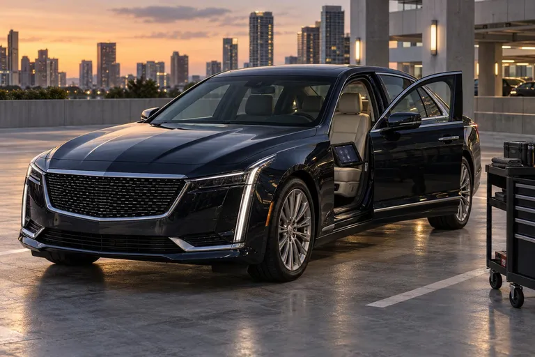 Cadillac CT6 на городской парковке перед осмотром перед покупкой. Рядом видны диагностический планшет и открытая водительская дверь.