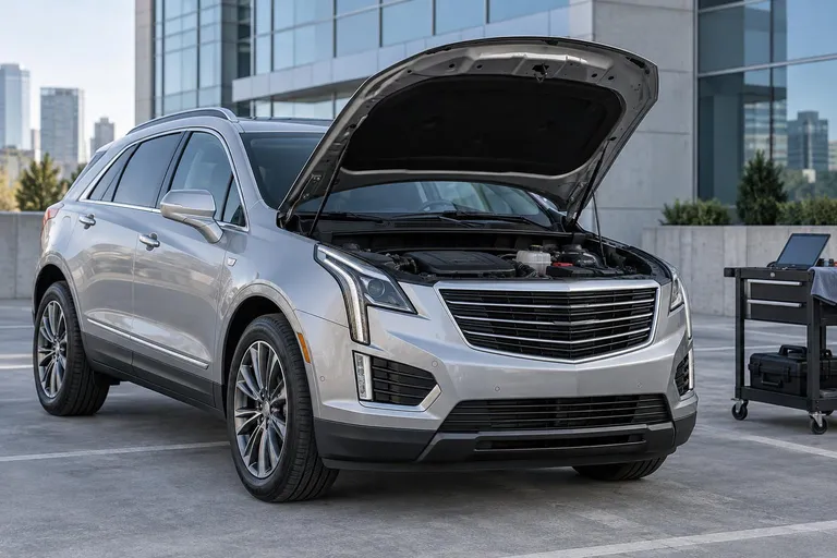 Cadillac XT5 стоит на городской парковке перед осмотром перед покупкой. Рядом видны открытый капот и детали проверки состояния автомобиля.