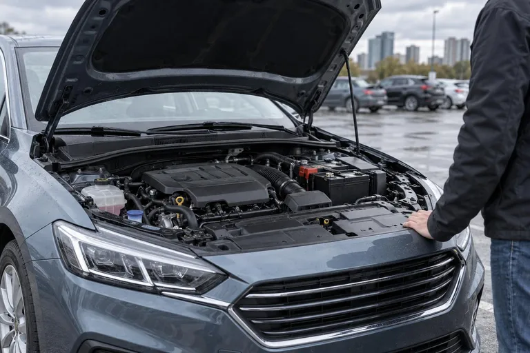 Автомобиль стоит на парковке с открытым капотом, рядом видны аккумулятор и моторный отсек. Сцена передаёт ситуацию внезапного отказа запуска и первичной диагностики.