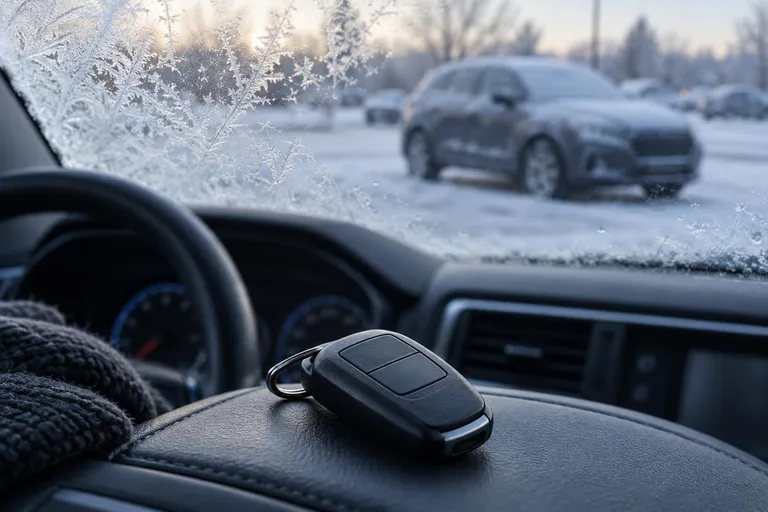 Автомобиль стоит на парковке в морозное утро, на переднем плане брелок автосигнализации без видимого логотипа. Сцена показывает ситуацию, когда машина не запускается с автозапуска.
