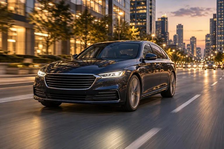 Большой седан Buick Lacrosse на городской дороге вечером. Машина показана в движении, без видимых логотипов и надписей.