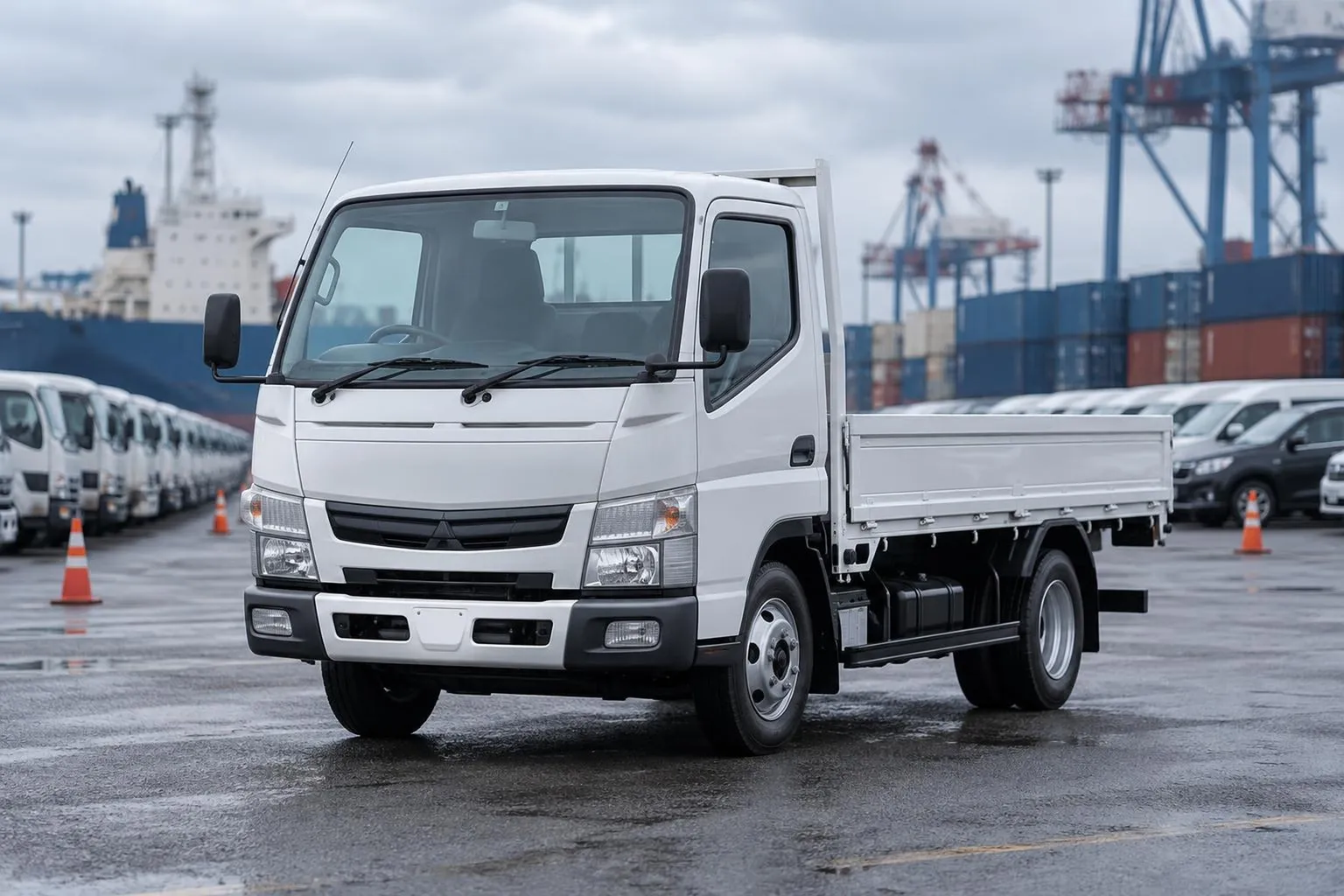 Mitsubishi Canter на портовой площадке перед отправкой из Японии. На переднем плане грузовик с кабиной и бортовой платформой, вокруг — другие автомобили и транспортная инфраструктура.