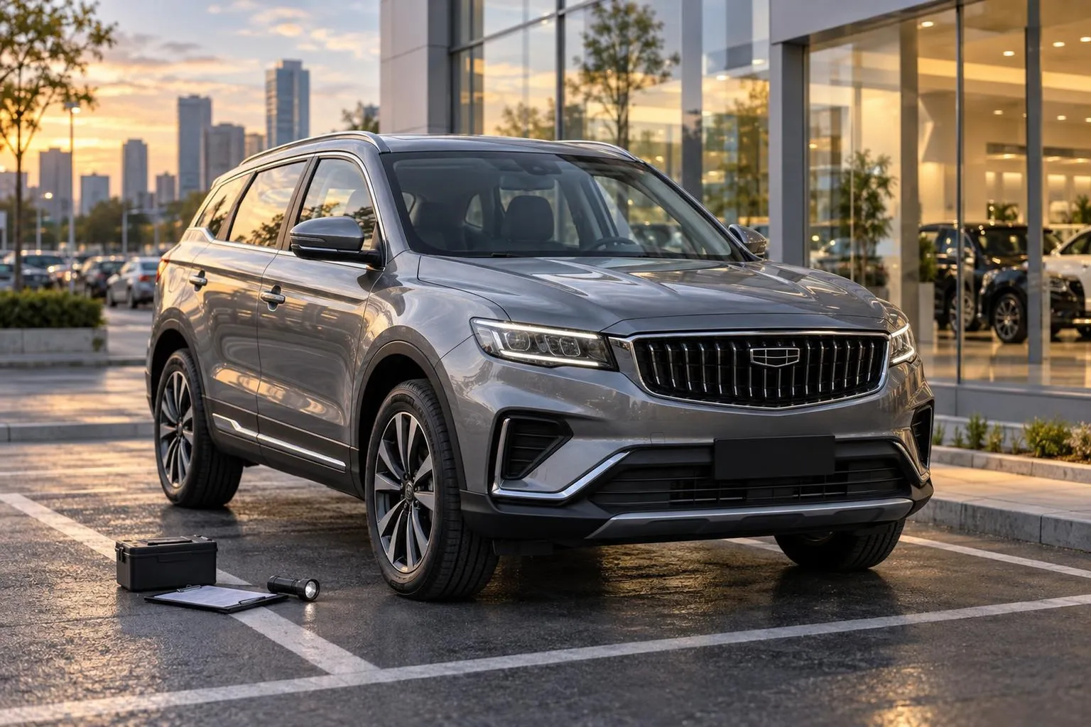 Geely Boyue стоит на городской парковке в вечернем свете. Кадр подчеркивает формат современного китайского SUV для семьи и города.