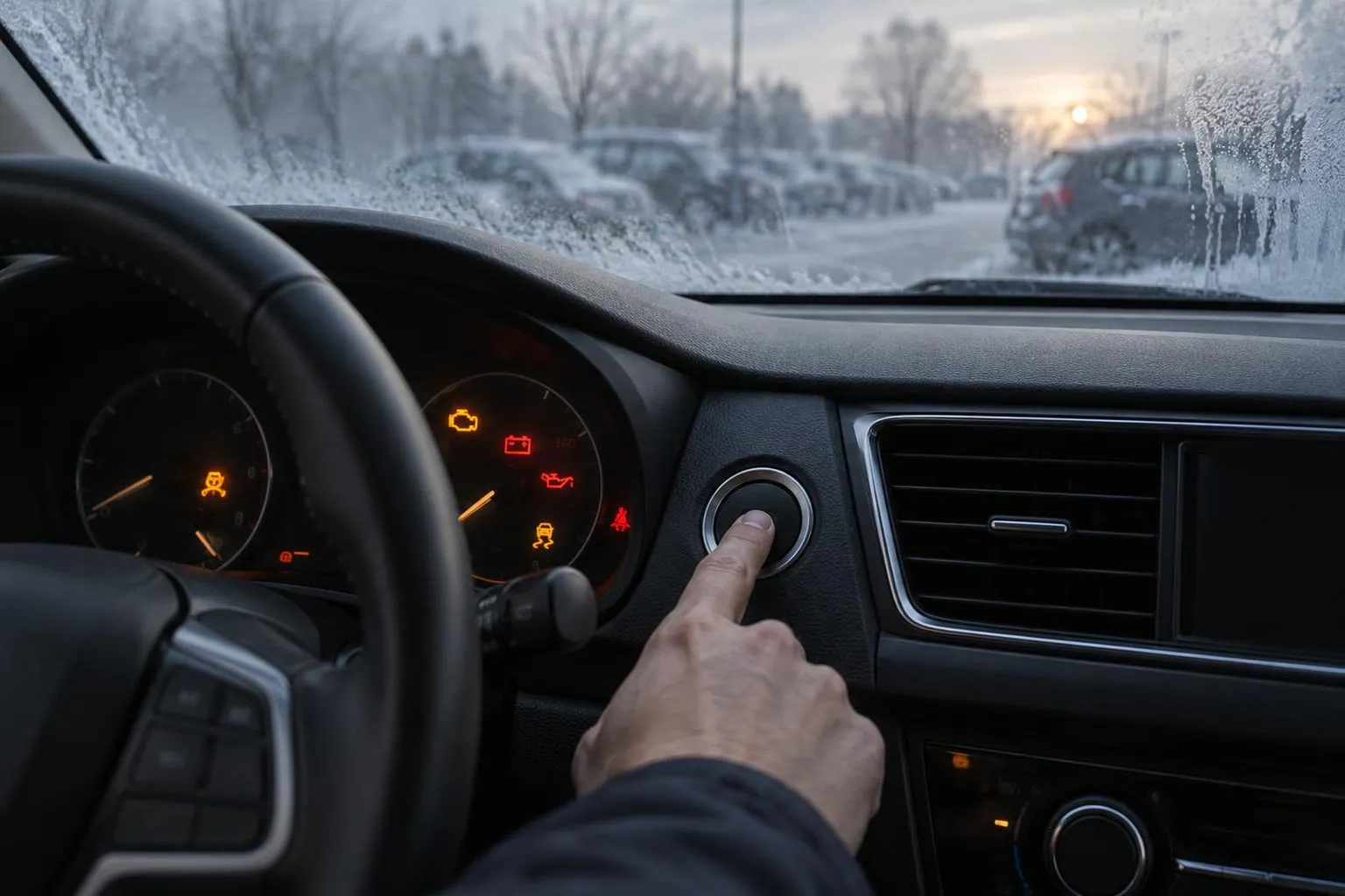 Автомобиль стоит на парковке в холодное утро, на панели приборов горят индикаторы, а рука водителя нажимает кнопку запуска. Сцена передаёт проблему неудачного первого запуска двигателя.