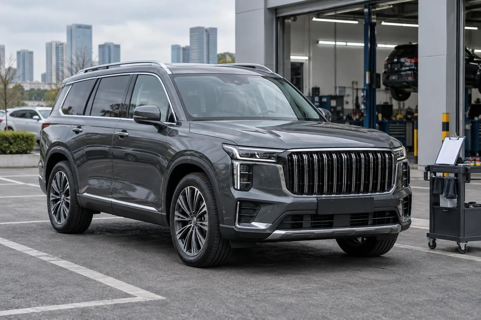 Крупный кроссовер GAC Trumpchi GS8 стоит на городской парковке перед осмотром перед покупкой. Рядом видны детали, характерные для проверки автомобиля: открытая дверь, чистый кузов и дневное освещение.